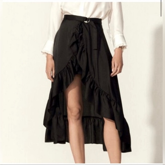 Sandro Ilona Asymmetrical Ruffle Satin Belted Skirt size 0 - Picture 1 of 9